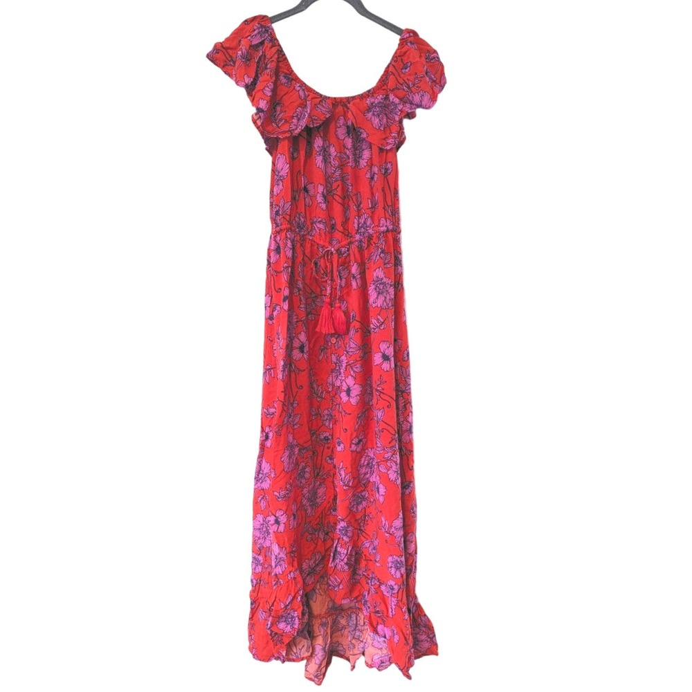 BOG Collective Ruffle Floral Maxi Dress Red Purple Tiered Dress Tassel Flowers